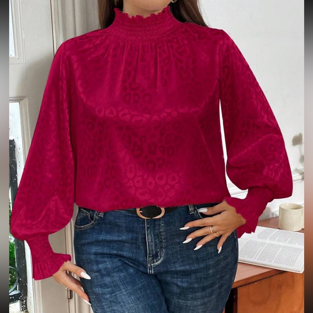 Satin Classic Leopard Print Mock Neck Smocked Cuff Sleeve Top Blouse Shirt Red